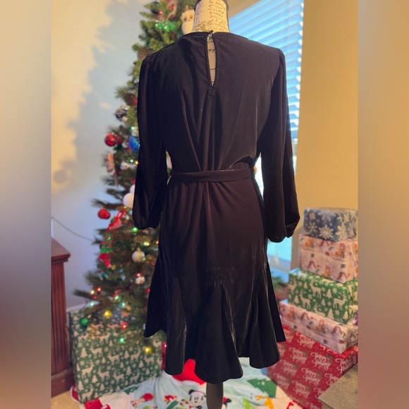 Loft XS Petite Black Velvet Flowing Godet Mini Dress W/ Tie 3/4 Sleeve 15x35 NWT - Picture 3 of 5